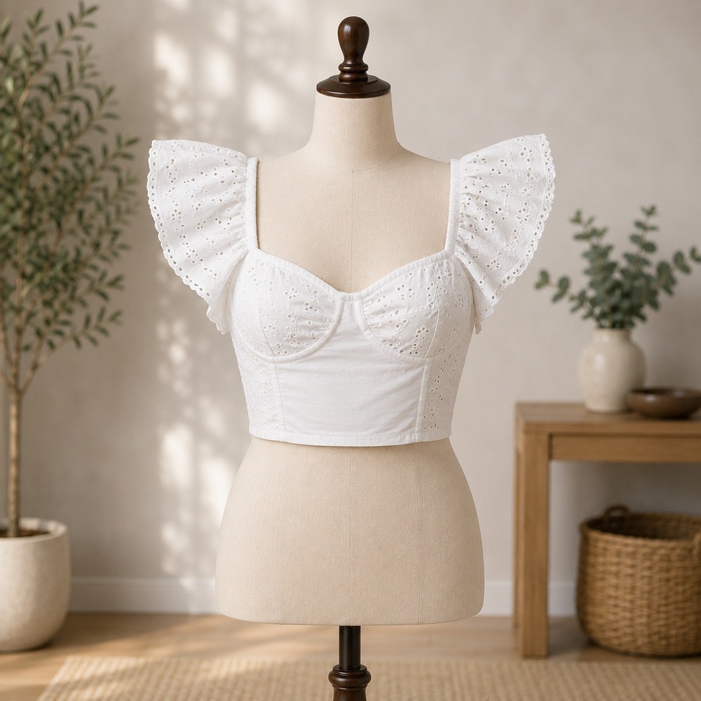 NWT Billabong Eyelet Crop Top Womens Large White Puff‎ Sleeve Smocked Bustier